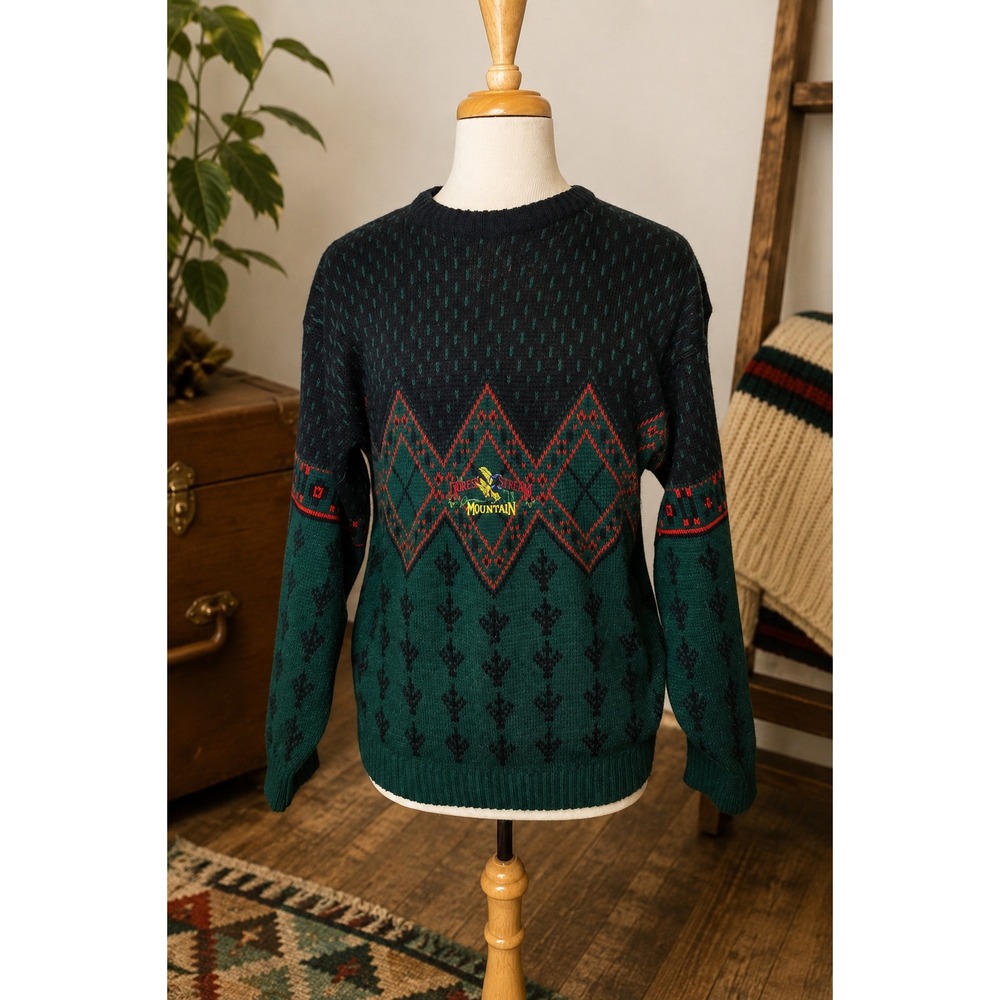 Vintage 90s Grandpa Sweater Green Geometric Bird Embroidered Men's Large